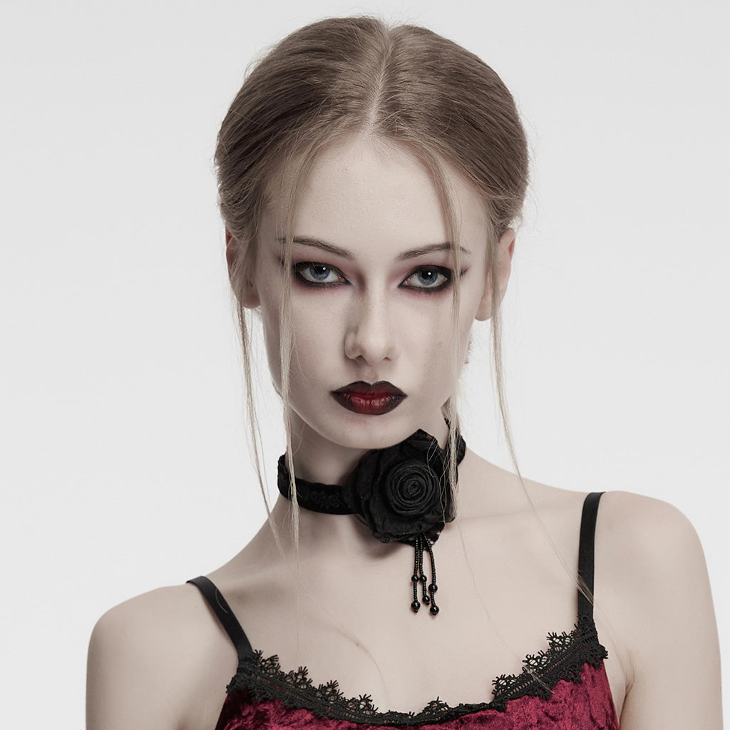 OS-760LHF Gothic Accessories Velvet Choker Rose Lace Beads Elegant Statement