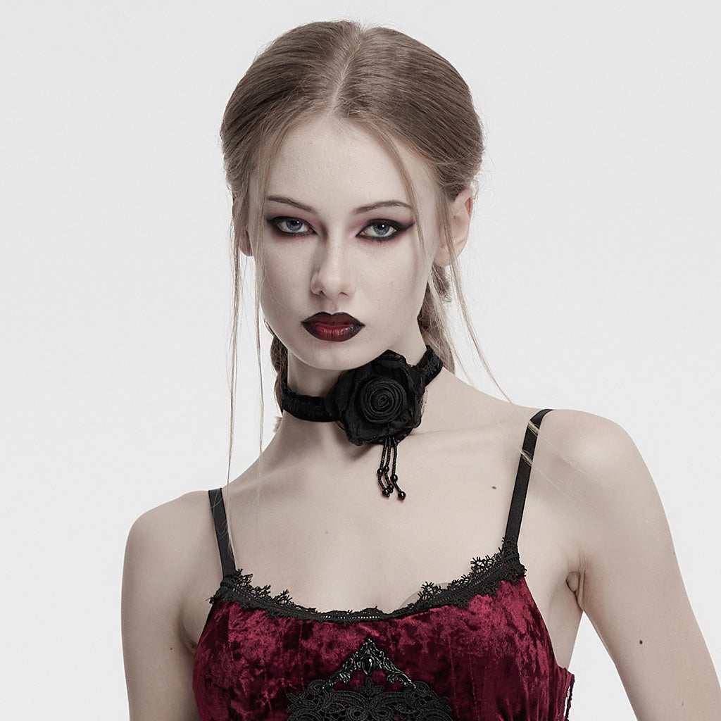 OS-760LHF Gothic Accessories Velvet Choker Rose Lace Beads Elegant Statement