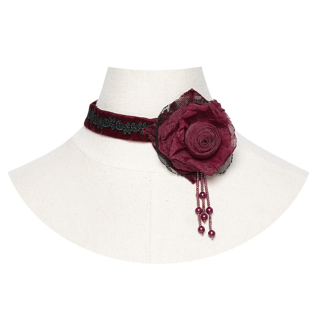 OS-760LHF Gothic Accessories Velvet Choker Rose Lace Beads Elegant Statement