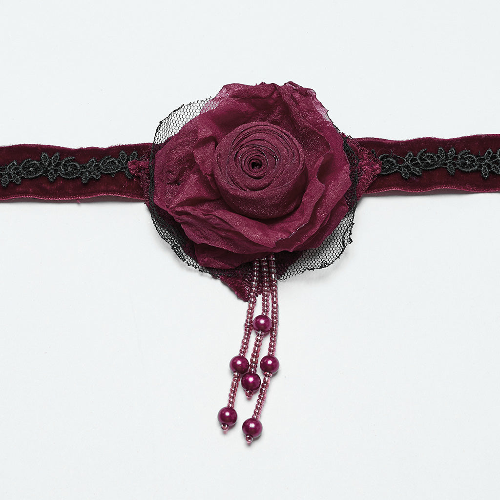 OS-760LHF Gothic Accessories Velvet Choker Rose Lace Beads Elegant Statement