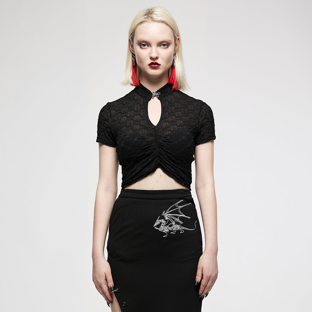 OT-007TDF Edgy Keyhole Cropped Punk T-Shirts with Textured Pattern Design