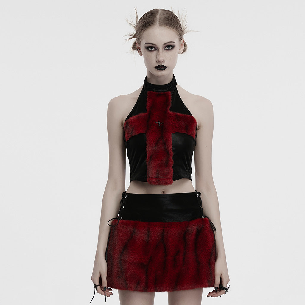 OT-1001BXF Gothic Punk Vest Faux Fur Cross Halter Top