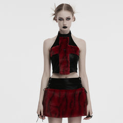 OT-1001BXF Gothic Punk Vest Faux Fur Cross Halter Top