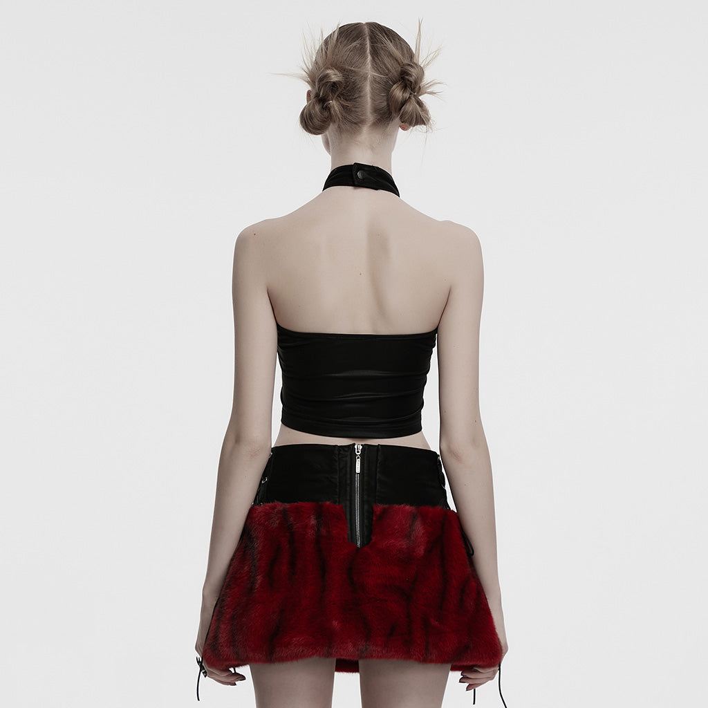 OT-1001BXF Gothic Punk Vest Faux Fur Cross Halter Top
