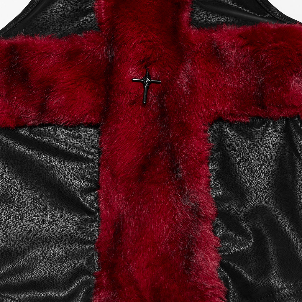 OT-1001BXF Gothic Punk Vest Faux Fur Cross Halter Top