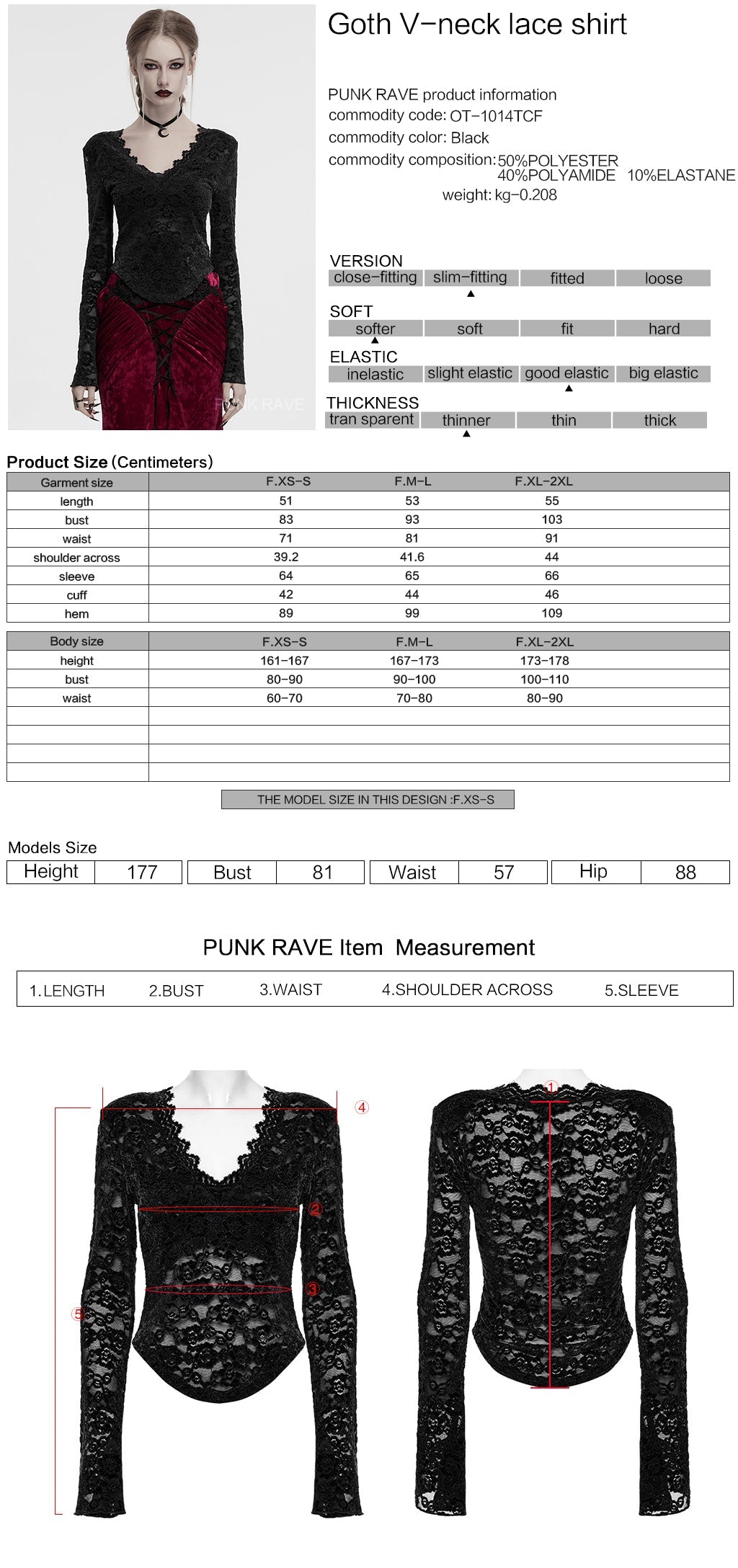 OT-1014TCF Gothic Shirts Lace Long Sleeve Velvet Top Red