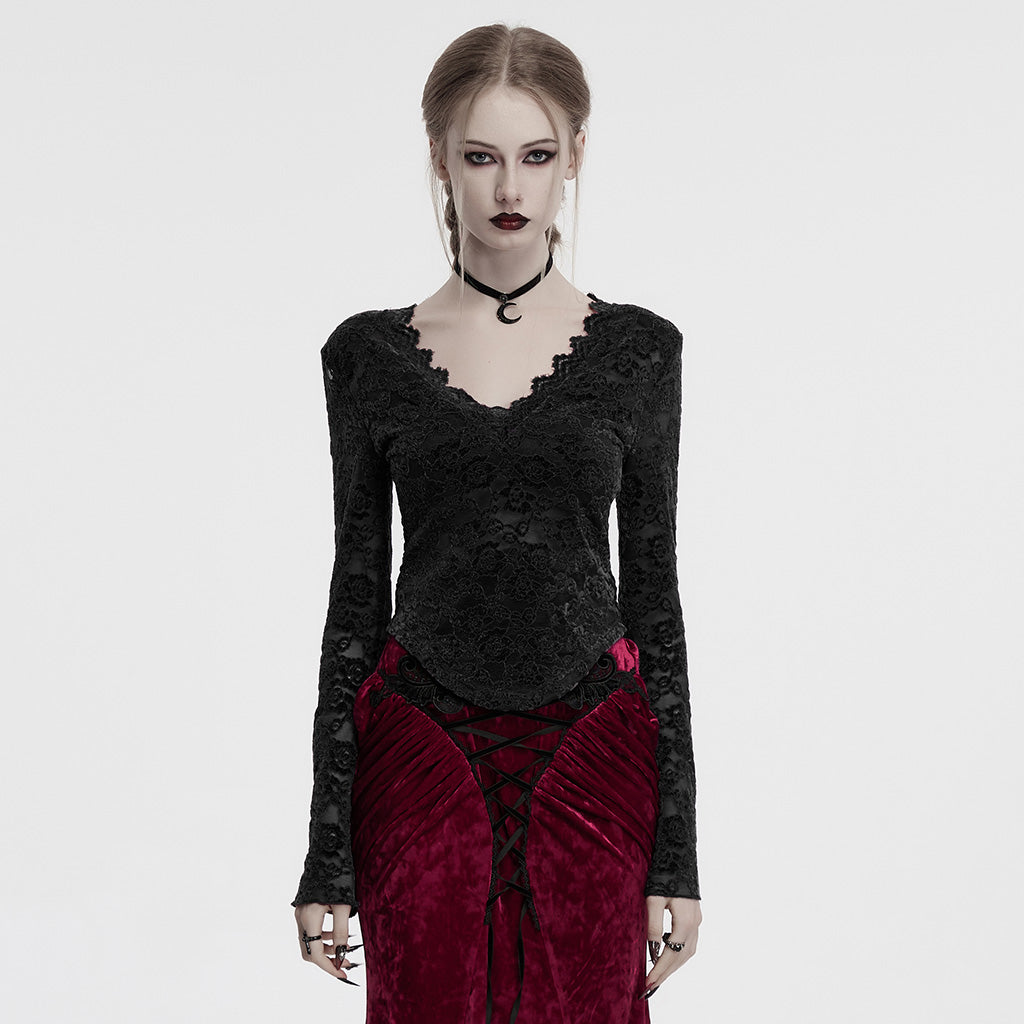 OT-1014TCF Gothic Shirts Lace Long Sleeve Velvet Top Red