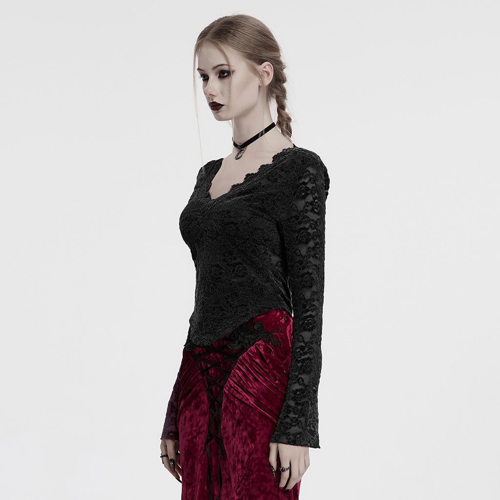 OT-1014TCF Gothic Shirts Lace Long Sleeve Velvet Top Red