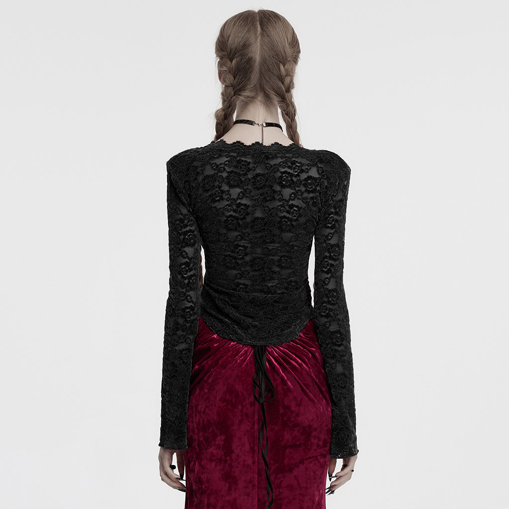 OT-1014TCF Gothic Shirts Lace Long Sleeve Velvet Top Red