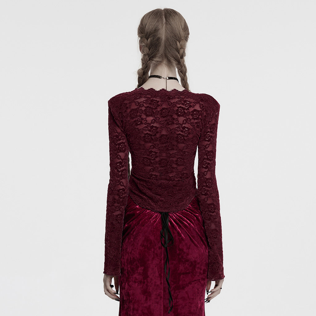 OT-1014TCF Gothic Shirts Lace Long Sleeve Velvet Top Red