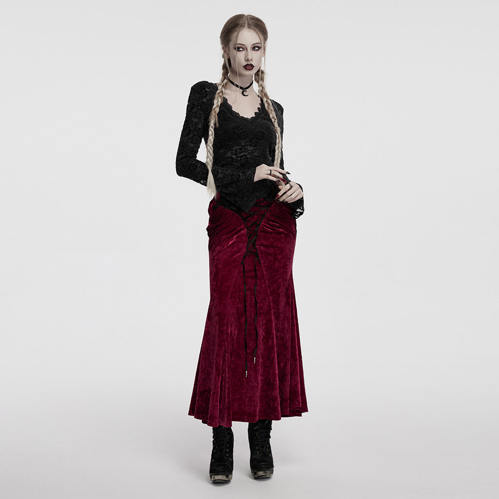OT-1014TCF Gothic Shirts Lace Long Sleeve Velvet Top Red