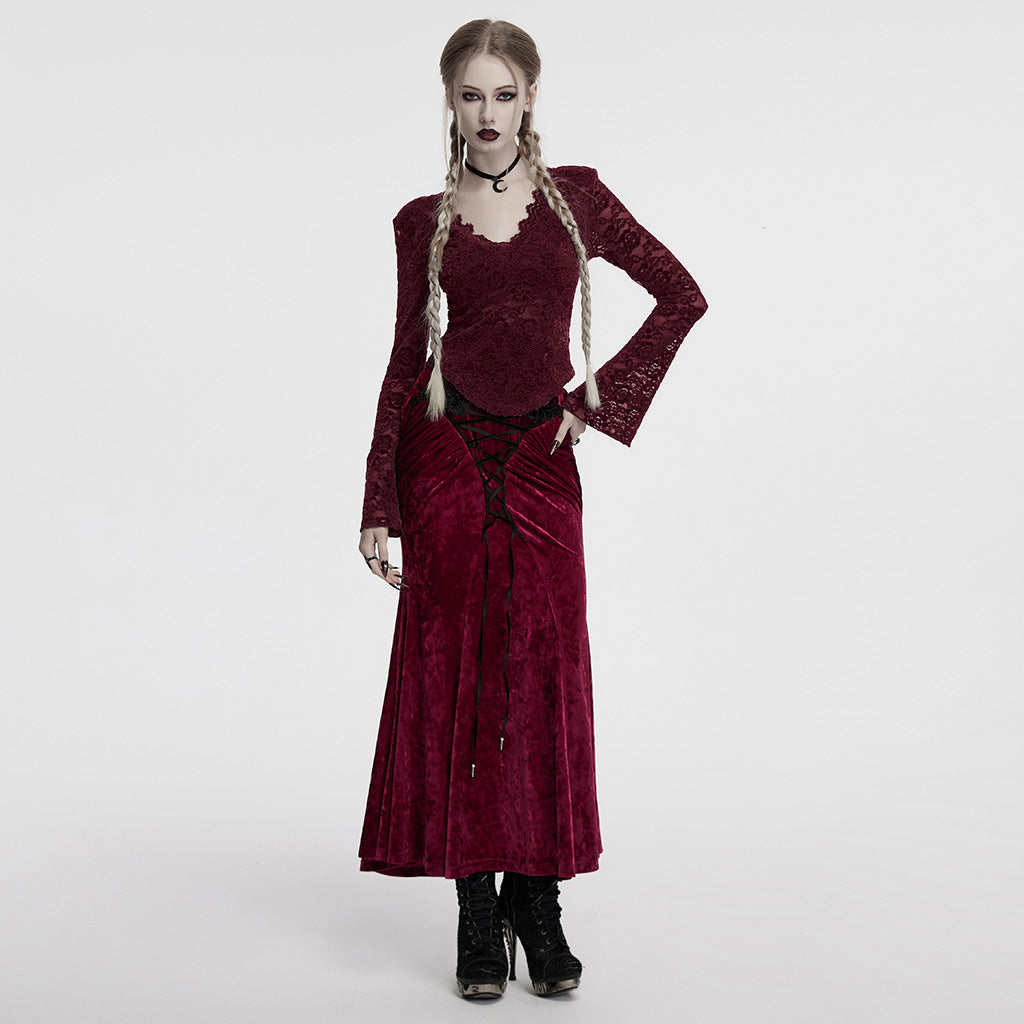 OT-1014TCF Gothic Shirts Lace Long Sleeve Velvet Top Red