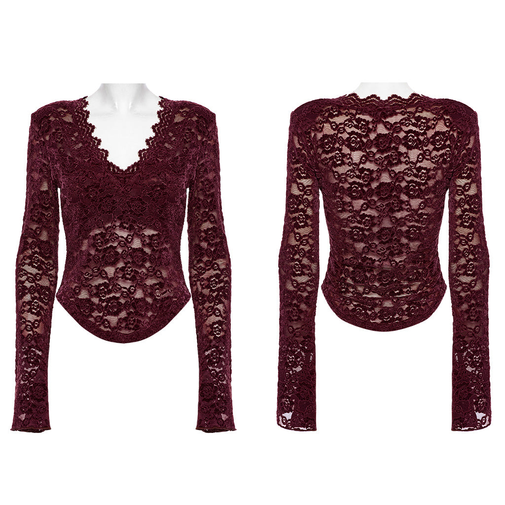 OT-1014TCF Gothic Shirts Lace Long Sleeve Velvet Top Red