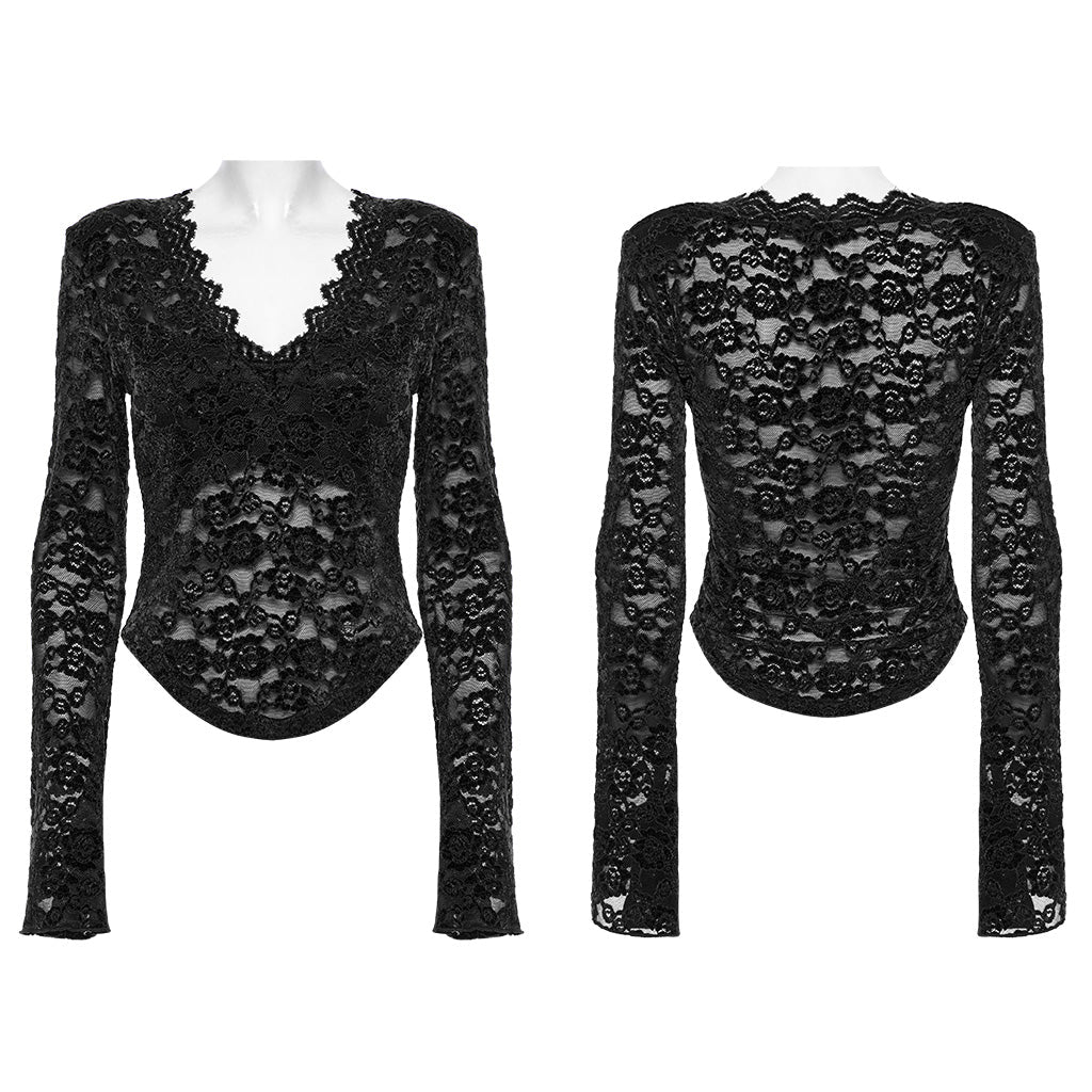 OT-1014TCF Gothic Shirts Lace Long Sleeve Velvet Top Red