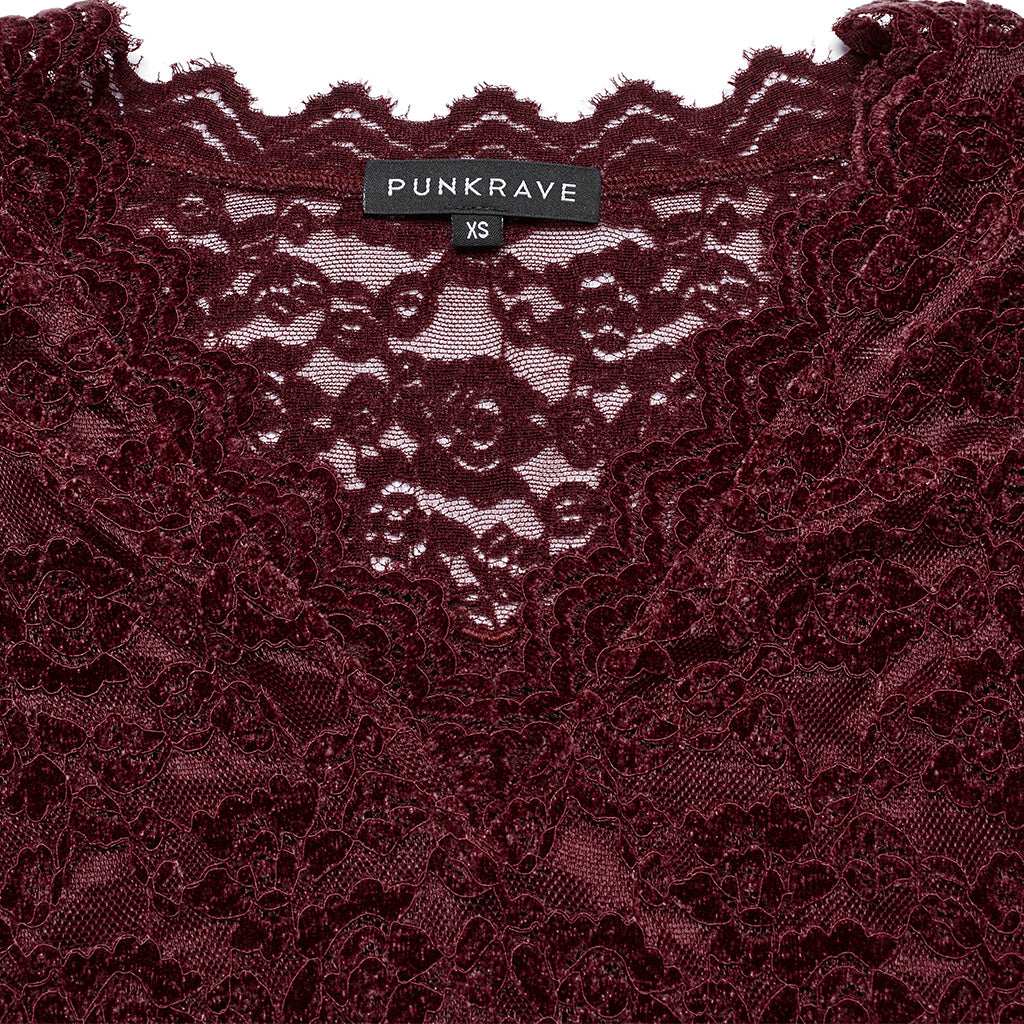 OT-1014TCF Gothic Shirts Lace Long Sleeve Velvet Top Red