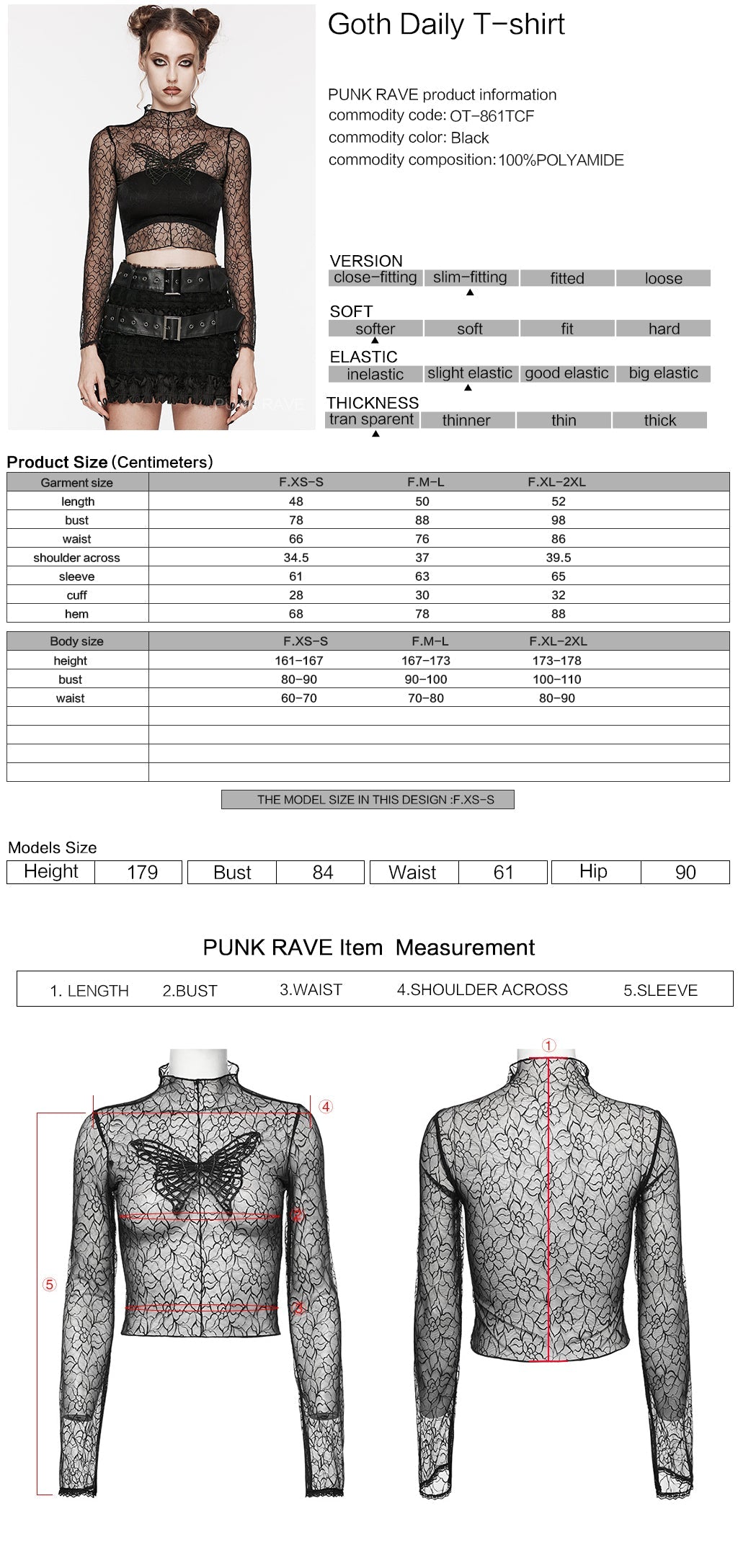 OT-861TCF Sheer Lace Gothic T-Shirts Mesh Long Sleeve Top