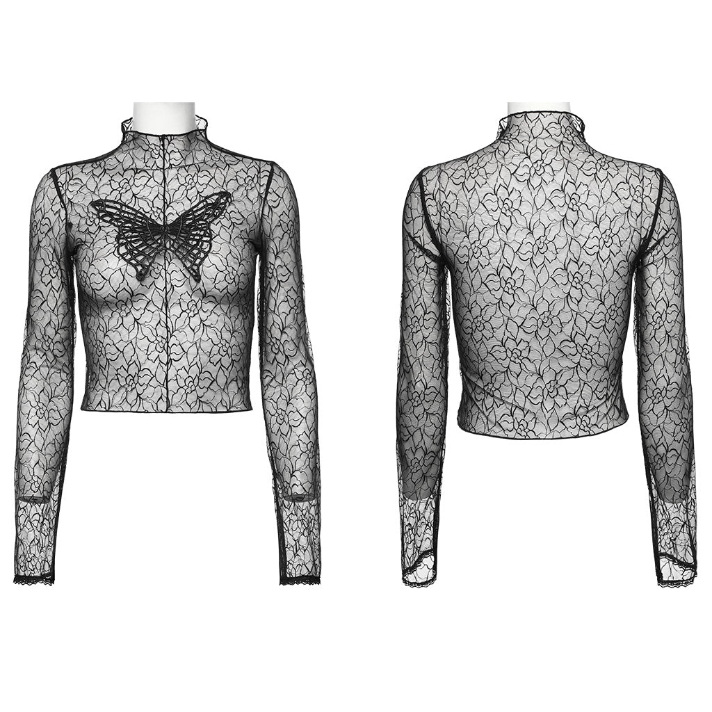 OT-861TCF Sheer Lace Gothic T-Shirts Mesh Long Sleeve Top