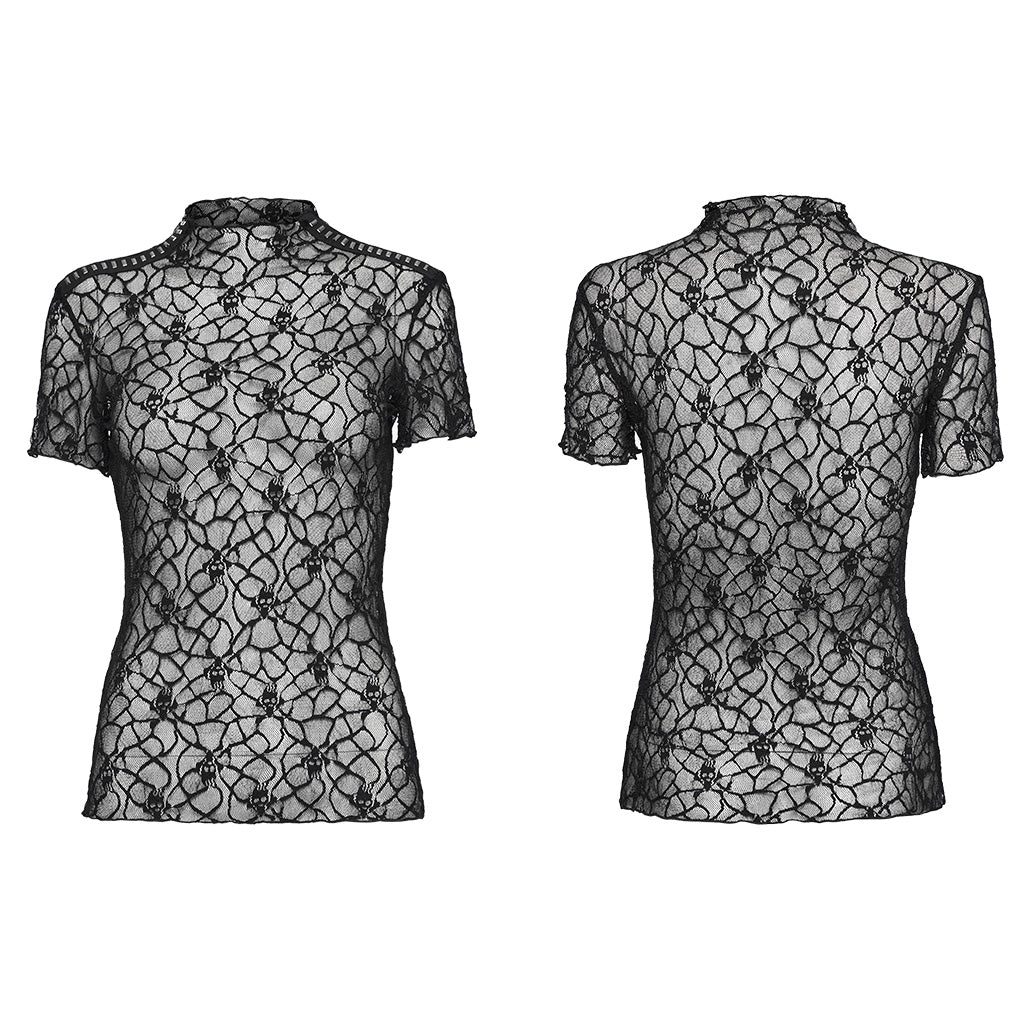 OT-864TDF Elegant Mesh Lace Punk T-Shirts with Gothic Floral Pattern