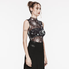 OT-873TDF Gothic T-Shirts Sheer Celestial Moon Stars High Neck Top