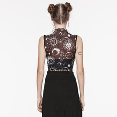 OT-873TDF Gothic T-Shirts Sheer Celestial Moon Stars High Neck Top