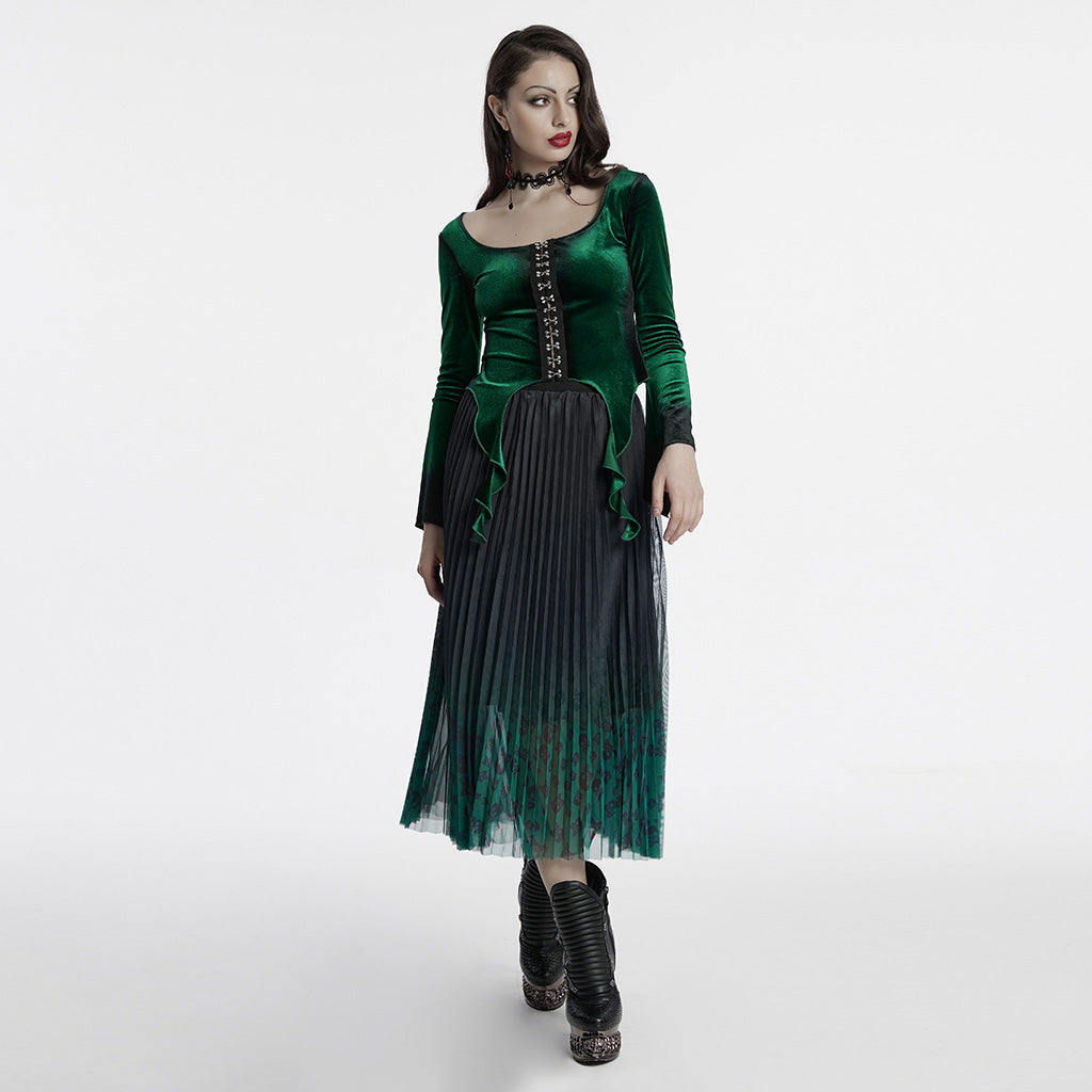 OT-949DQF Velvet Gothic Shirts Green Corset Style Long Sleeve Blouse