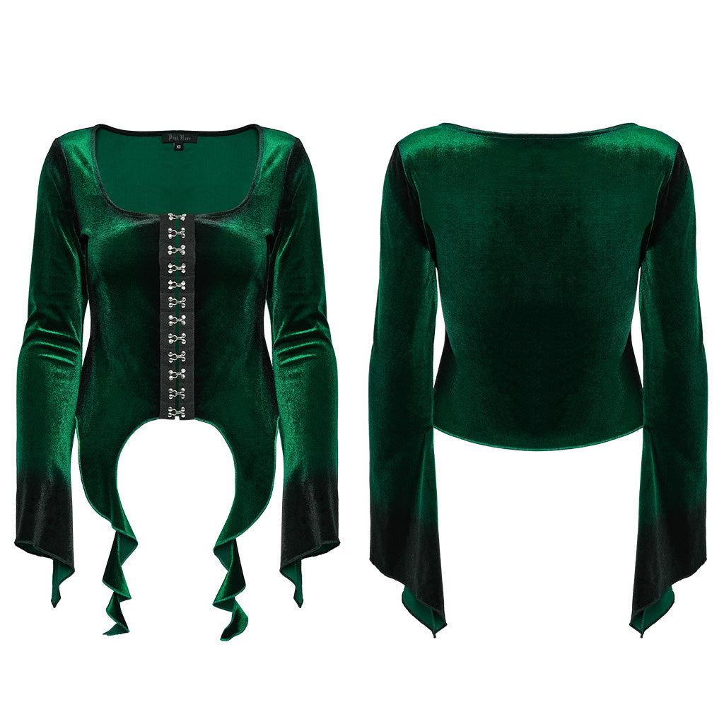 OT-949DQF Velvet Gothic Shirts Green Corset Style Long Sleeve Blouse