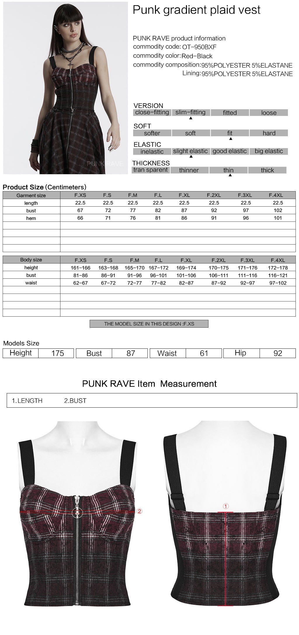 OT-950BXF Plaid Punk Vests Front Zipper Design Adjustable Straps Stylish Top