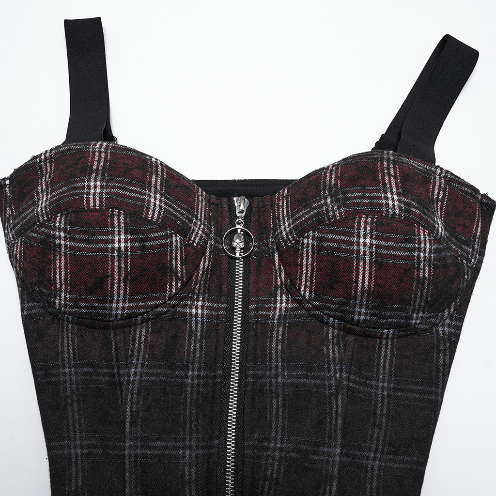OT-950BXF Plaid Punk Vests Front Zipper Design Adjustable Straps Stylish Top