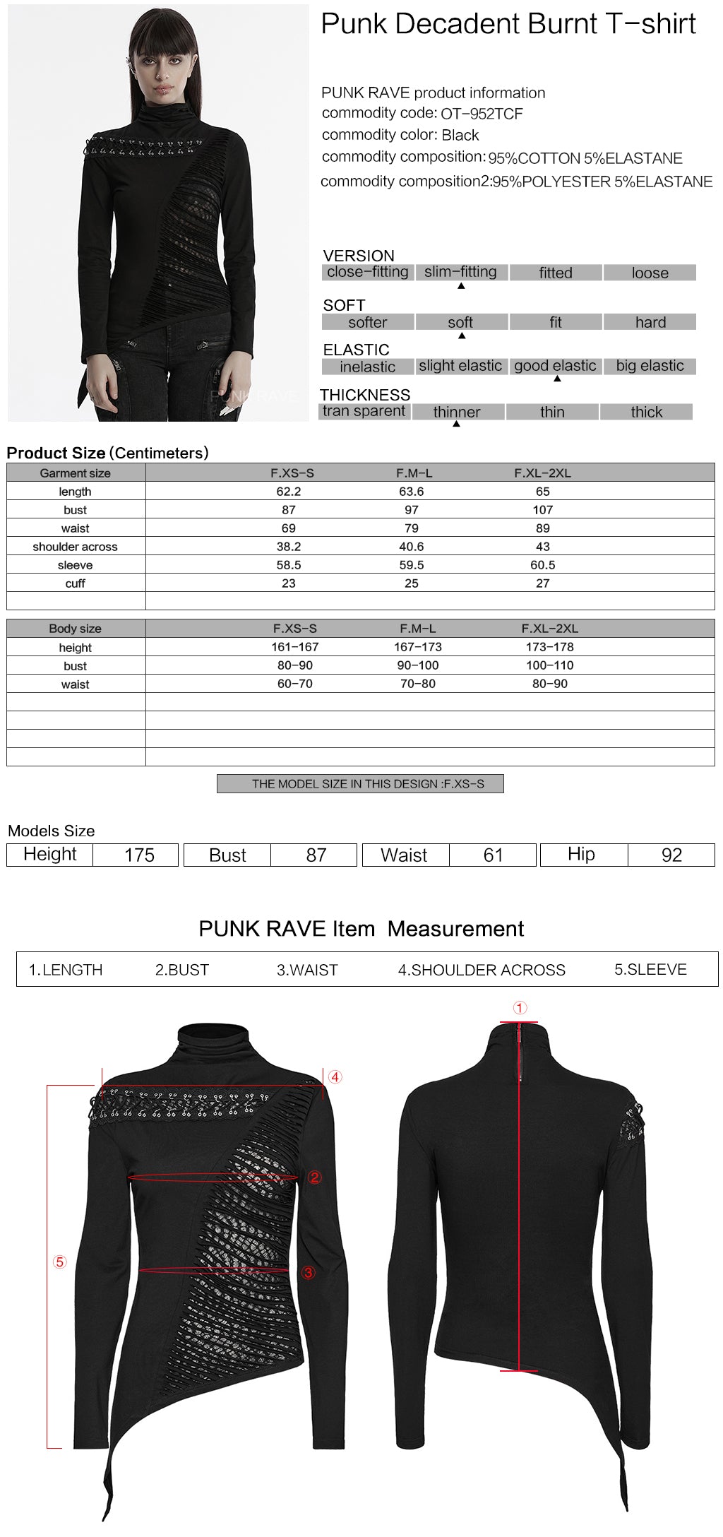 OT-952TCF Edgy Asymmetrical Cutout Rivet Punk T-Shirts Fashion