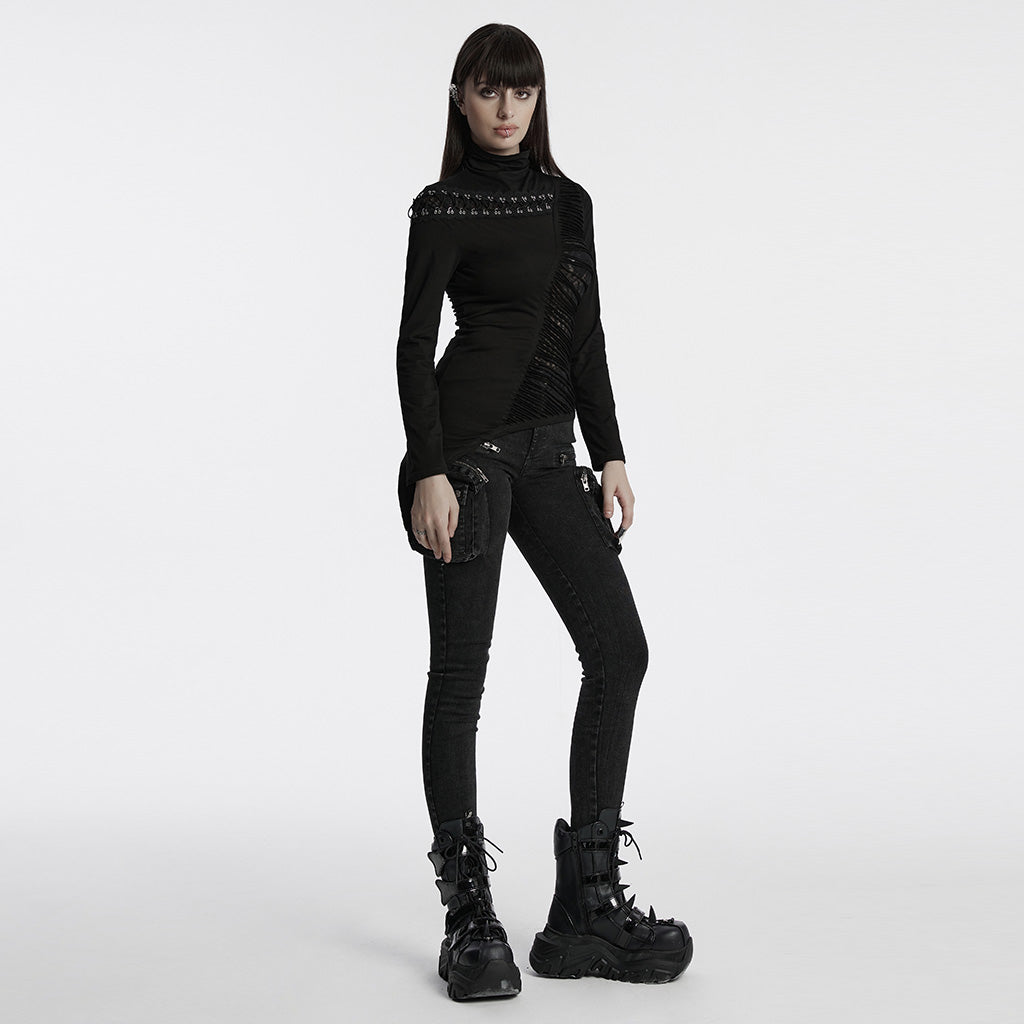 OT-952TCF Edgy Asymmetrical Cutout Rivet Punk T-Shirts Fashion