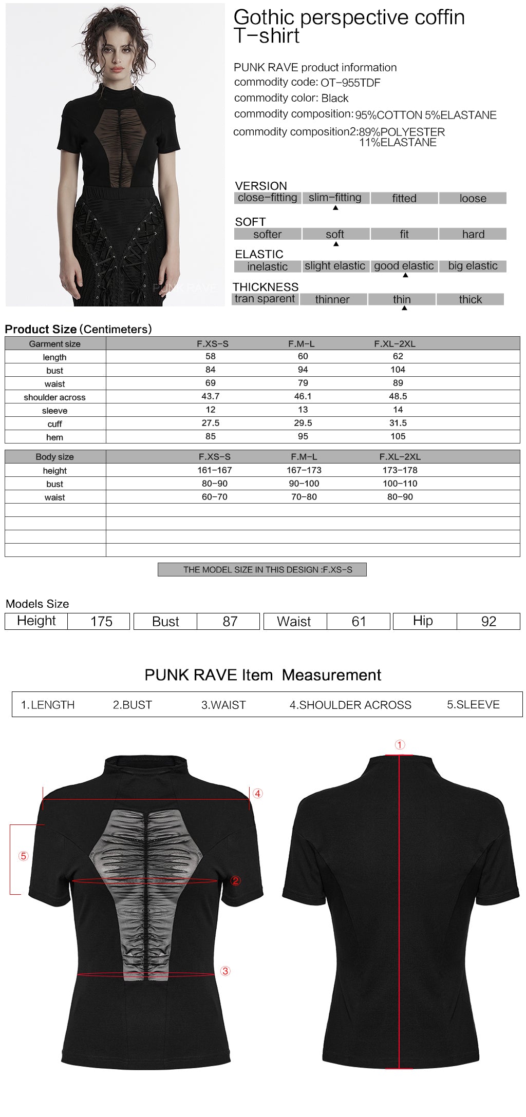 OT-955TDF Gothic T-Shirts Black Mesh Panel Lace-Up Design