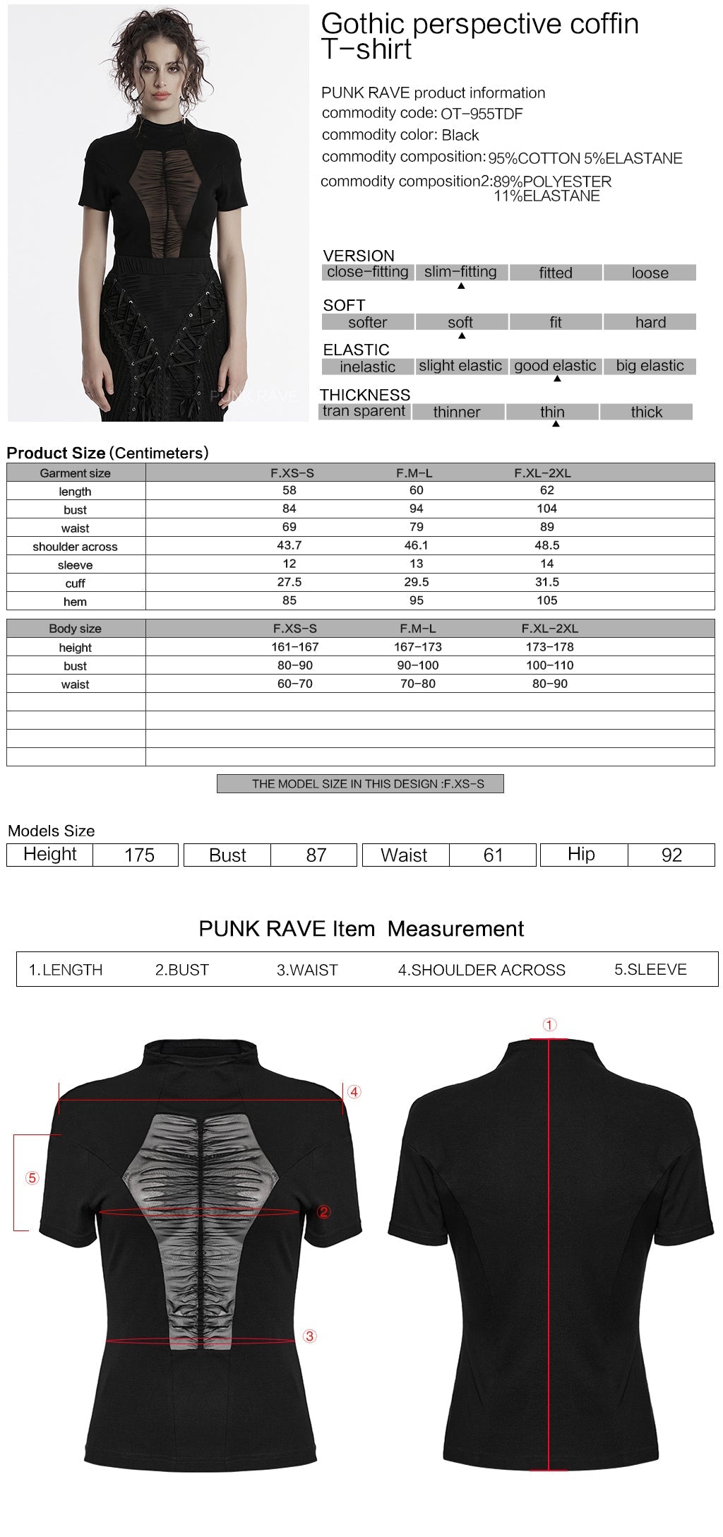 OT-955TDF Gothic T-Shirts Black Mesh Panel Lace-Up Design