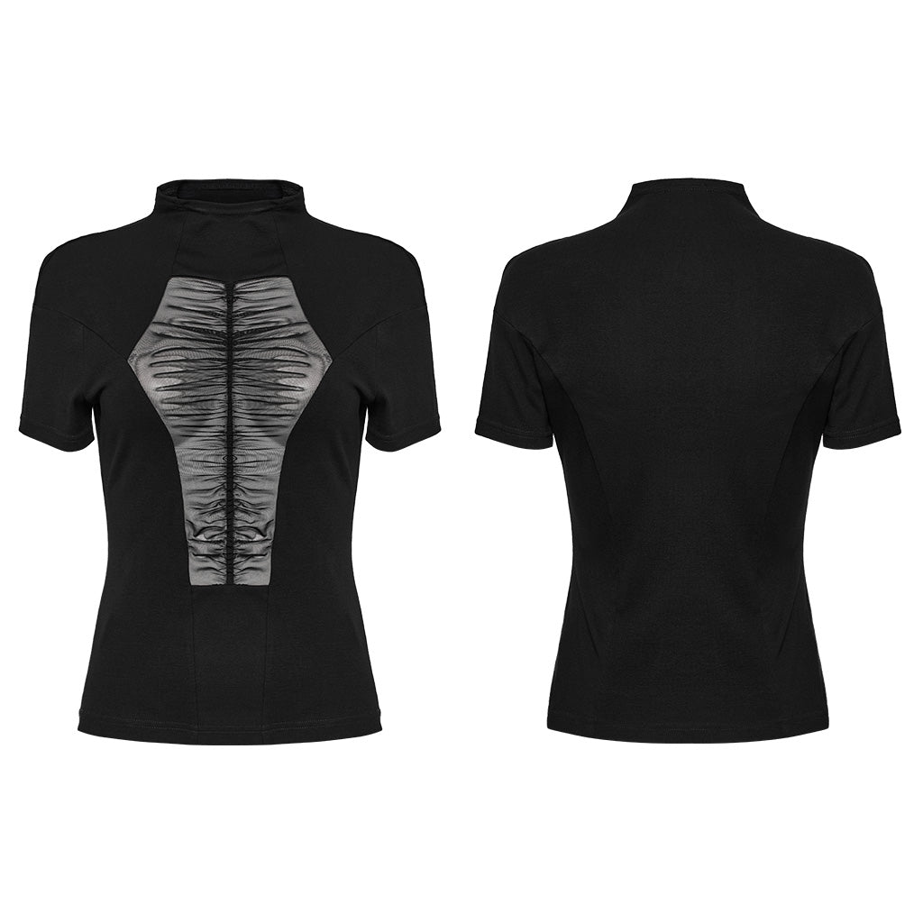 OT-955TDF Gothic T-Shirts Black Mesh Panel Lace-Up Design
