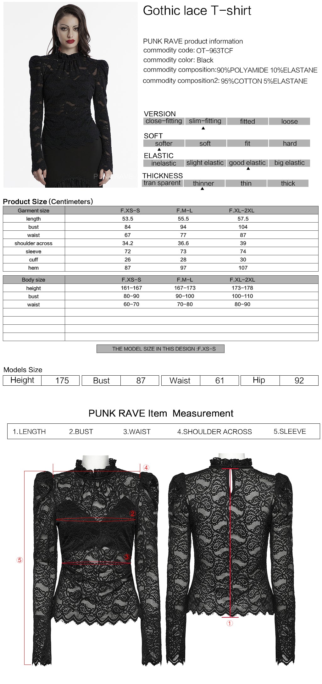 OT-963TCF Gothic Lace T-Shirts Vintage Black Long Sleeve Elegance