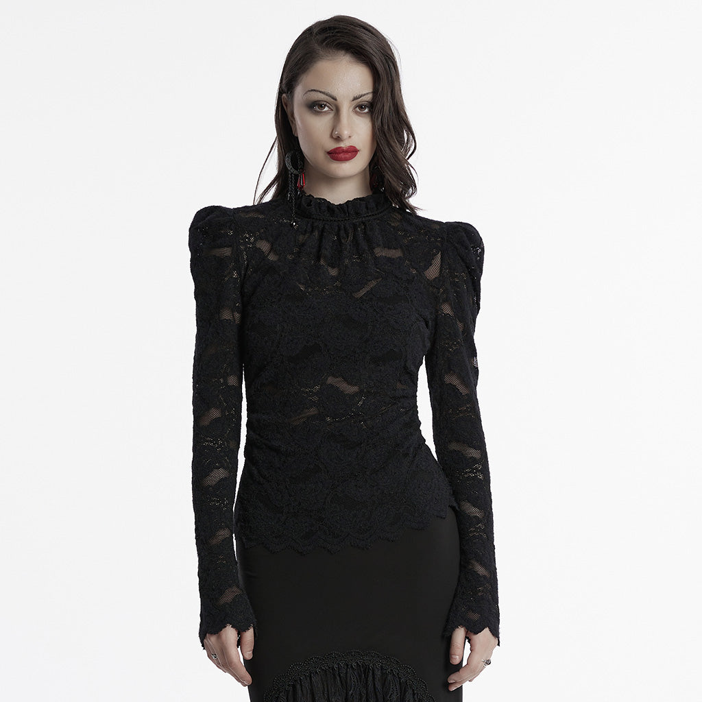 OT-963TCF Gothic Lace T-Shirts Vintage Black Long Sleeve Elegance