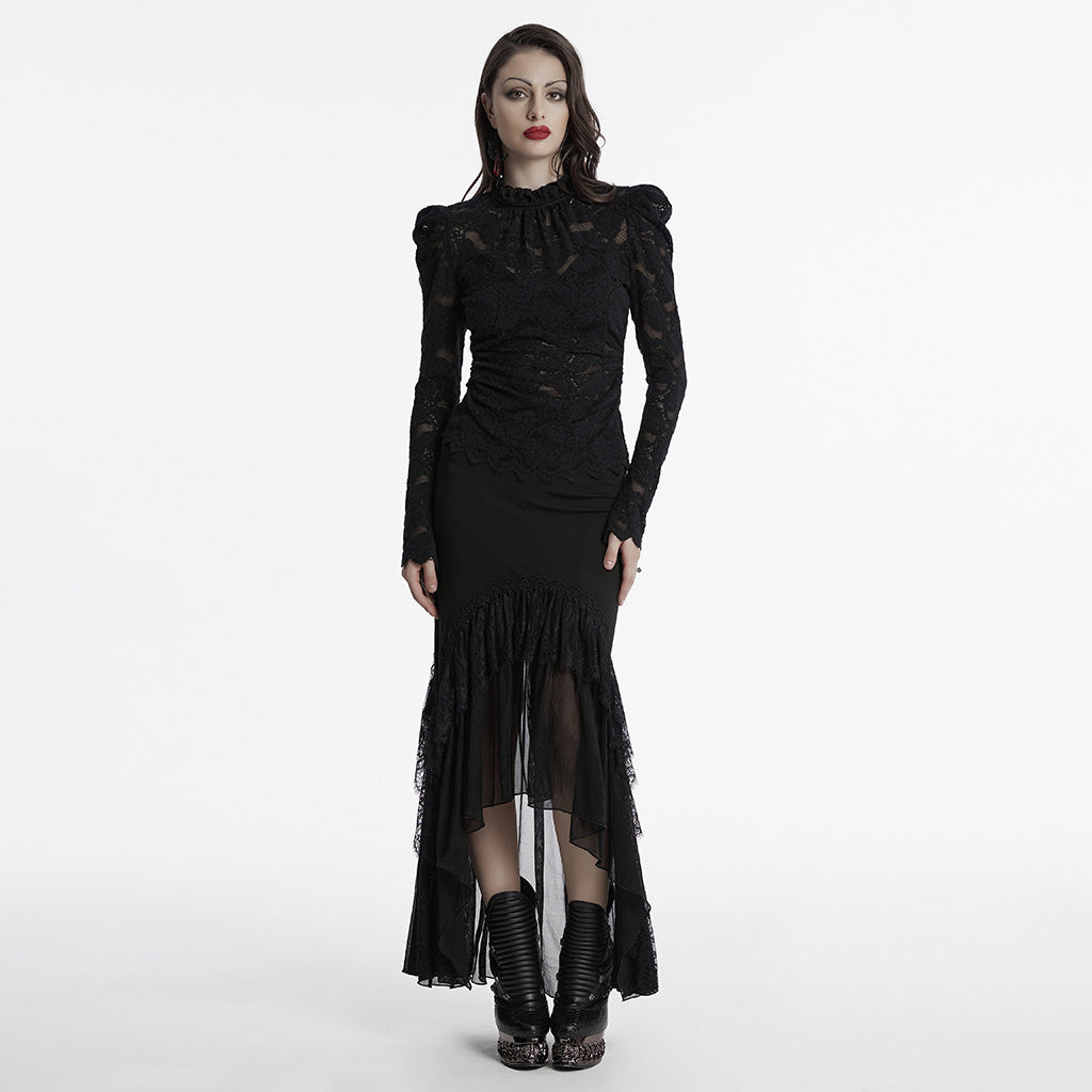 OT-963TCF Gothic Lace T-Shirts Vintage Black Long Sleeve Elegance