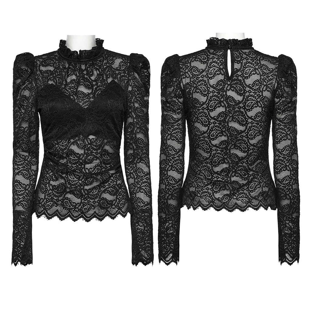 OT-963TCF Gothic Lace T-Shirts Vintage Black Long Sleeve Elegance