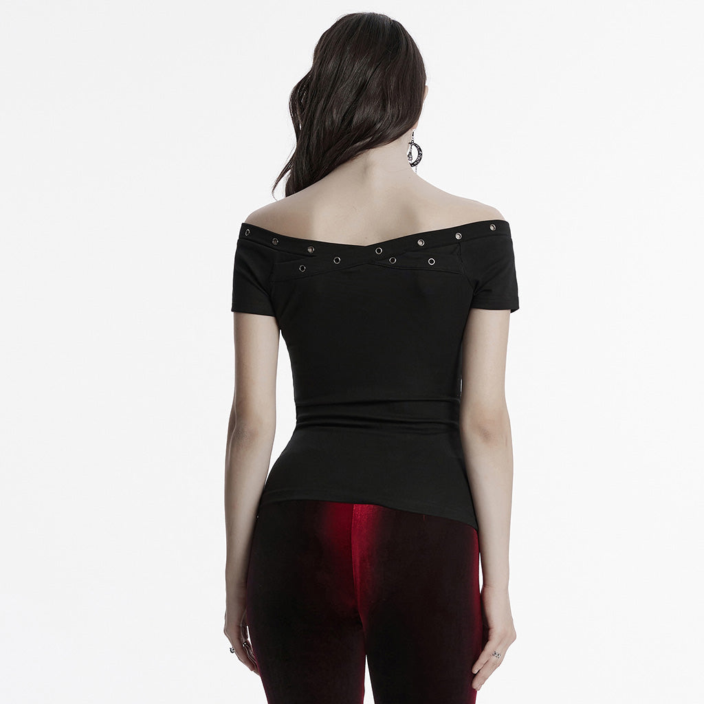 OT-967TDF Edgy Off-Shoulder Gothic T-Shirts with Eyelet Detailing