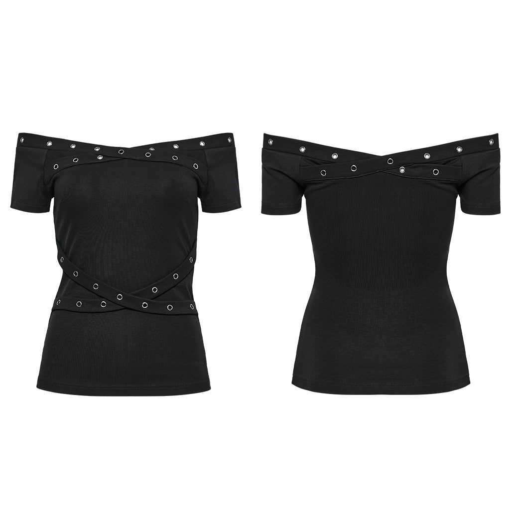 OT-967TDF Edgy Off-Shoulder Gothic T-Shirts with Eyelet Detailing