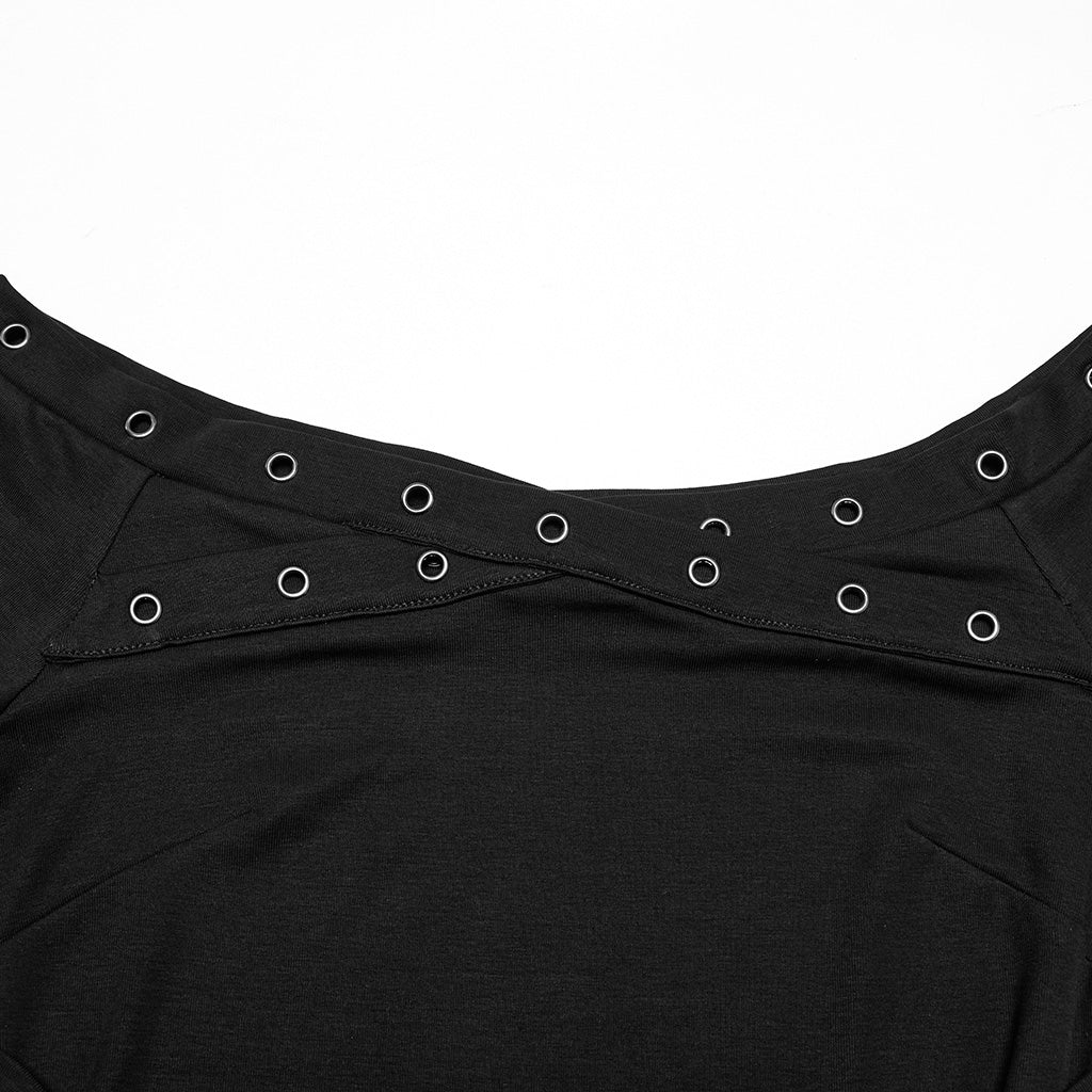 OT-967TDF Edgy Off-Shoulder Gothic T-Shirts with Eyelet Detailing