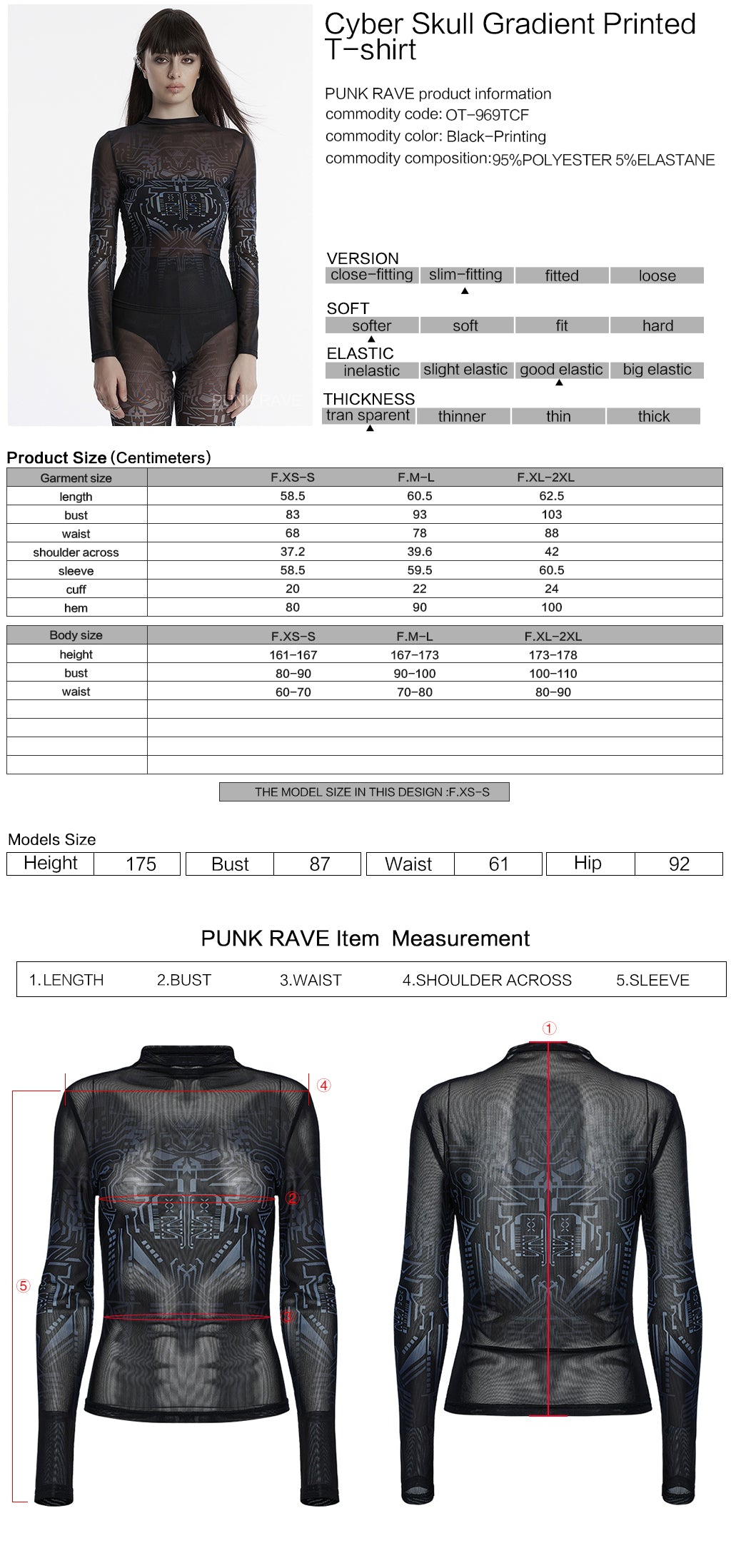 OT-969TCF Edgy Sheer Geometric Long Sleeve Punk T-Shirt Top