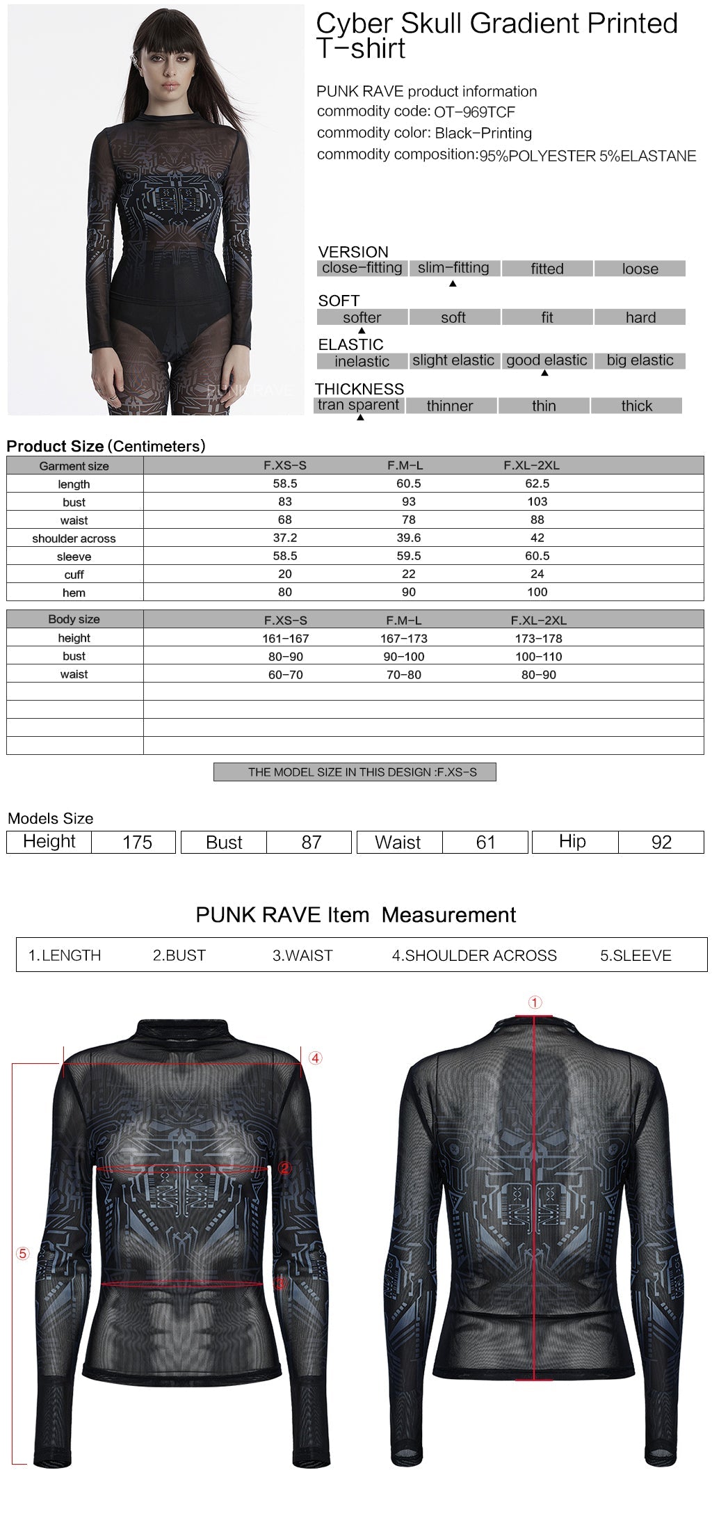 OT-969TCF Edgy Sheer Geometric Long Sleeve Punk T-Shirt Top