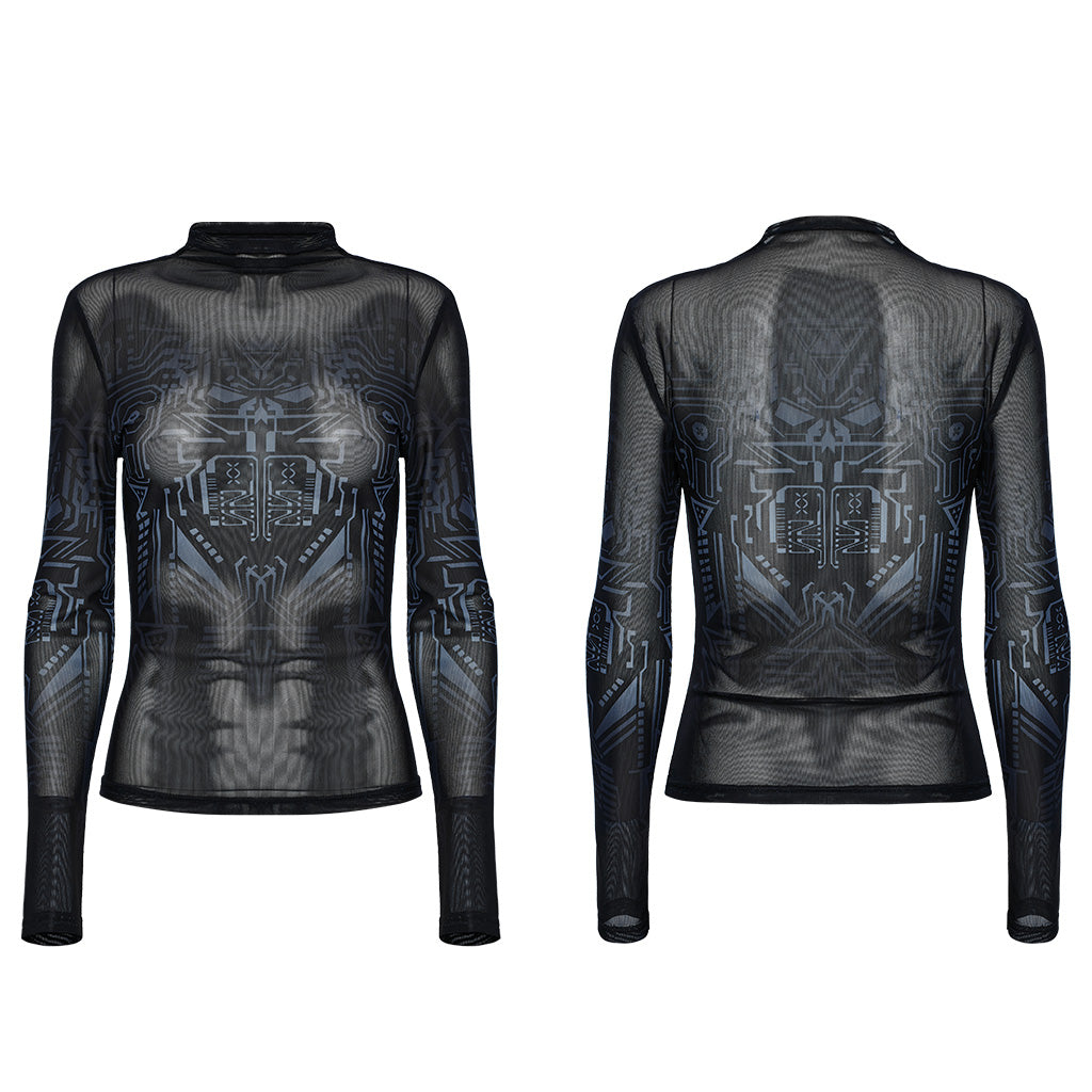 OT-969TCF Edgy Sheer Geometric Long Sleeve Punk T-Shirt Top