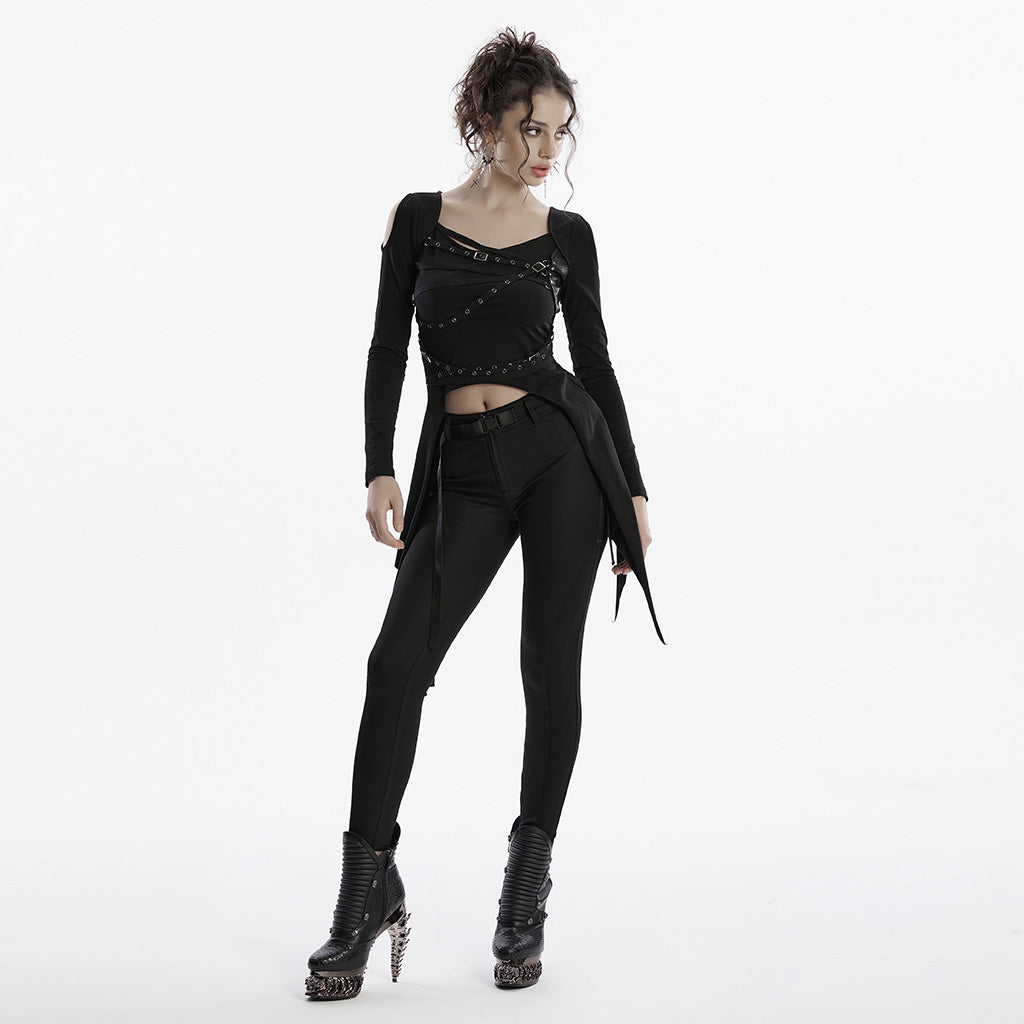 OT-971TCF Edgy Black Strapped Punk T-Shirts Long Sleeve Design