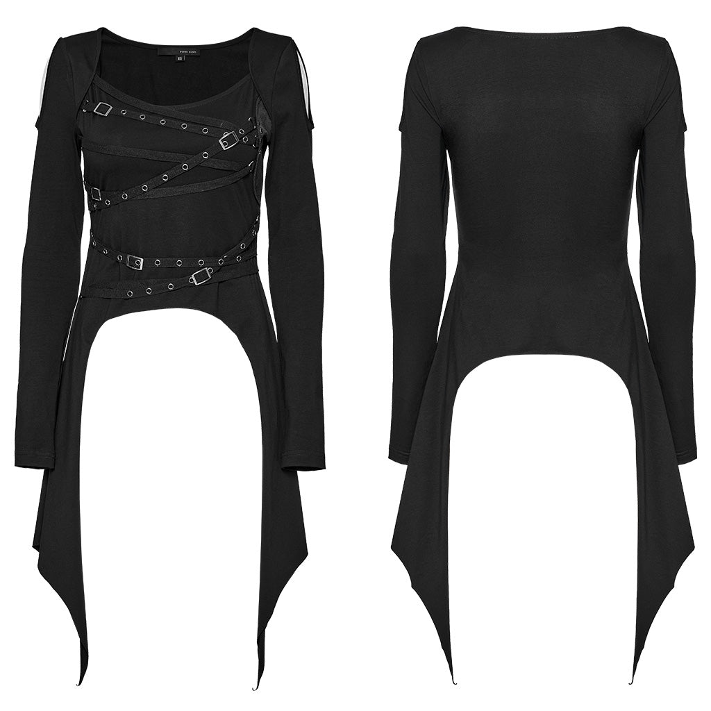 OT-971TCF Edgy Black Strapped Punk T-Shirts Long Sleeve Design