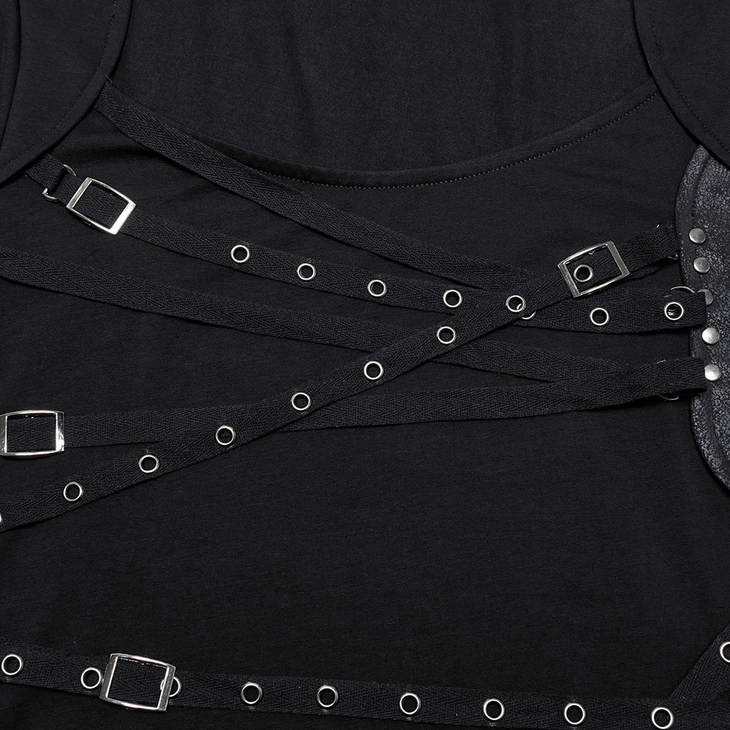 OT-971TCF Edgy Black Strapped Punk T-Shirts Long Sleeve Design