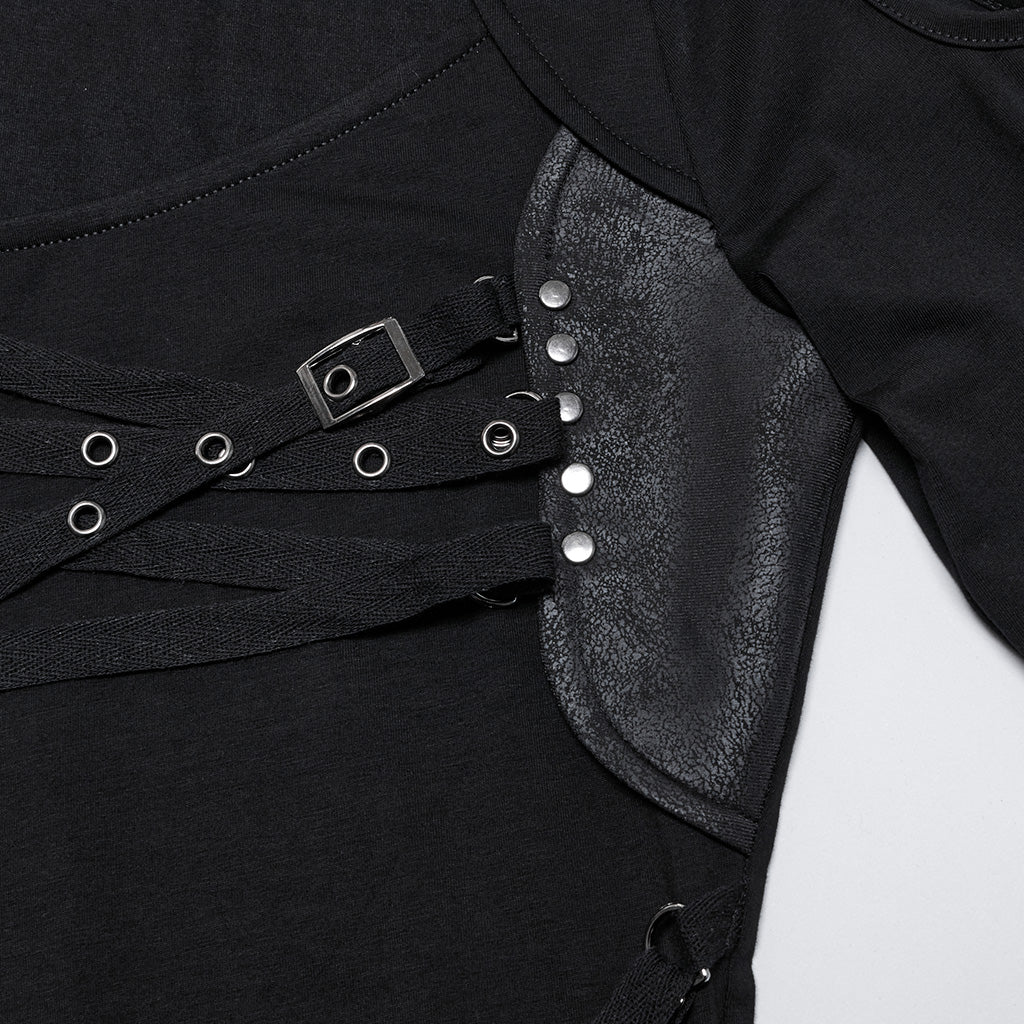 OT-971TCF Edgy Black Strapped Punk T-Shirts Long Sleeve Design