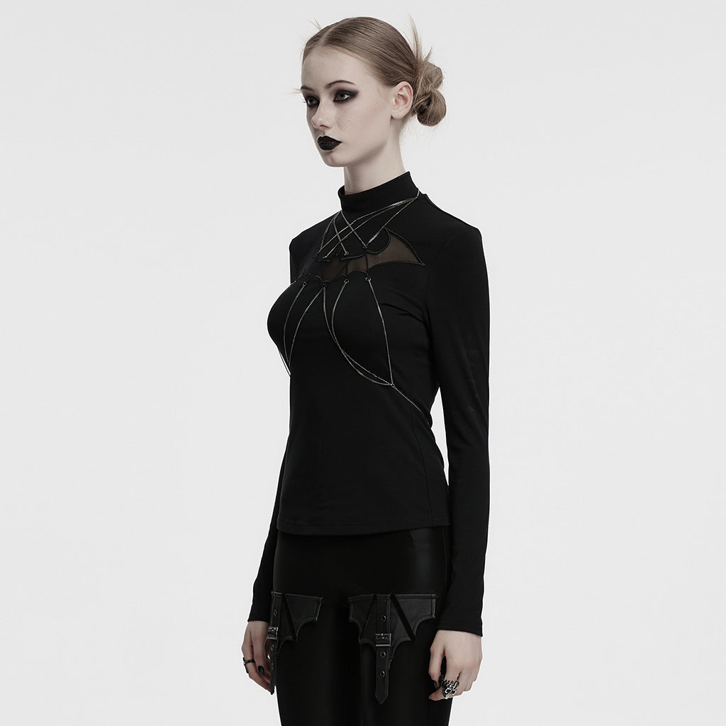 OT-980TCF Edgy Gothic T-Shirt with Chains and Sheer Bat Design