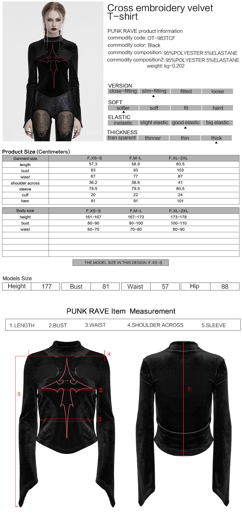 OT-983TCF Gothic T-Shirts Black Velvet Top Red Symbolic Design