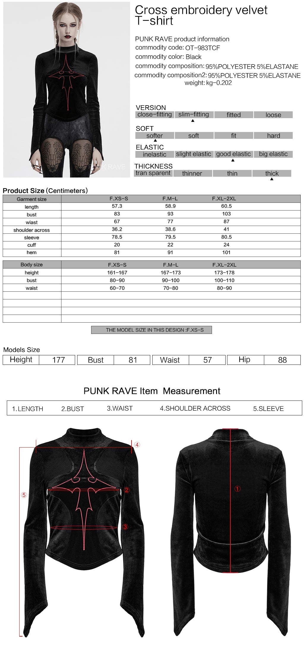 OT-983TCF Gothic T-Shirts Black Velvet Top Red Symbolic Design